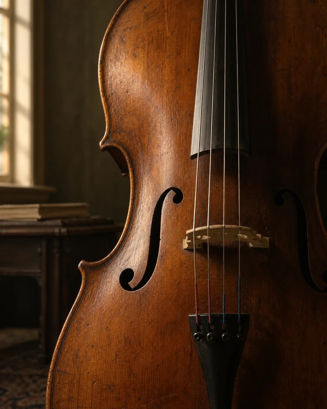 Warm window light falling across the wood and strings of a cello