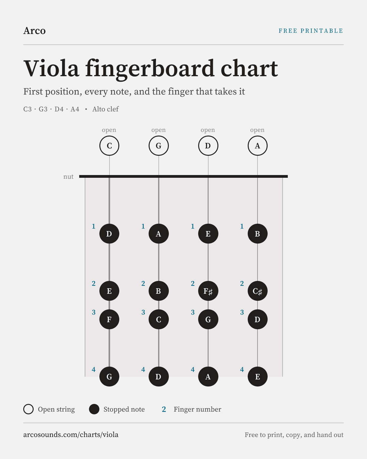 Viola fingerboard chart showing first position on all 4 strings, with every note name and the finger that plays it. C string: C, D, E, F, G. G string: G, A, B, C, D. D string: D, E, F♯, G, A. A string: A, B, C♯, D, E.